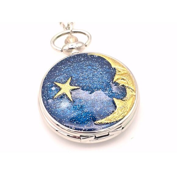 Moon & Star Pocket Watch - Silver Starry Night Gift for Dreamers & Stargazers - Picture 5 of 10